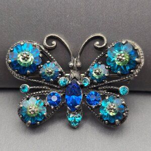 VTG Signed Weiss Butterfly Brooch 1.5" Blue & Green Rhinestones Silver Tone